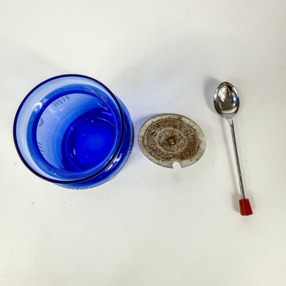 Vintage Cobalt Blue Glass Lidded Etched Condiment Jar and Spoon - Picture 4 of 5